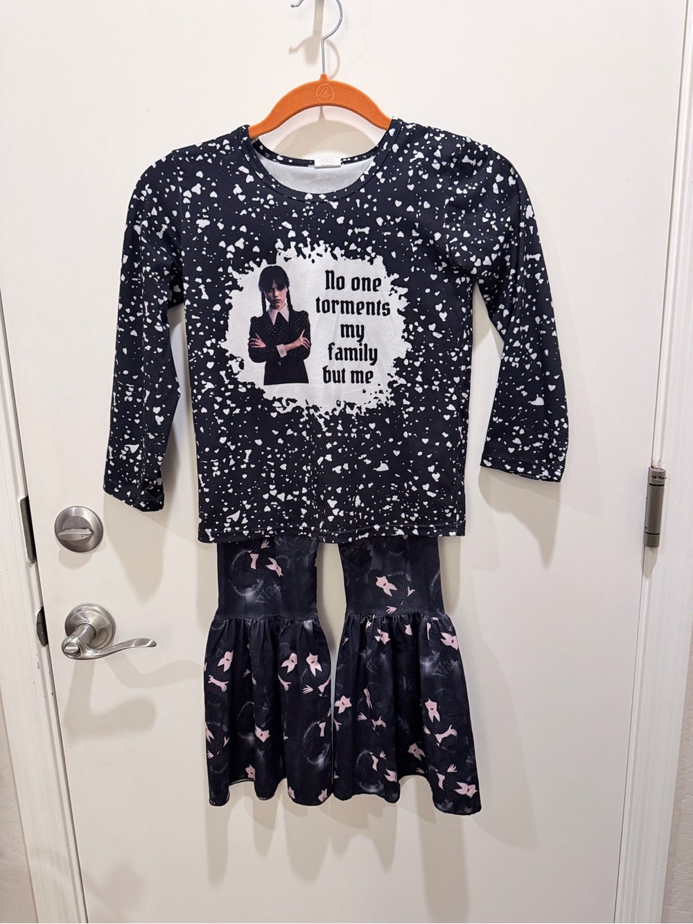 EUC Wednesday Addams Black and White Girls Matching Set with bell bottoms
